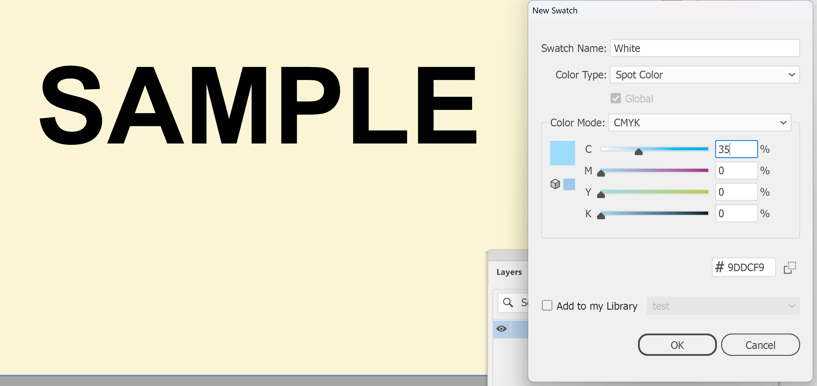 Illustrator New Swatch dialog naming a spot colour White, with a light cyan tint so it shows on screen