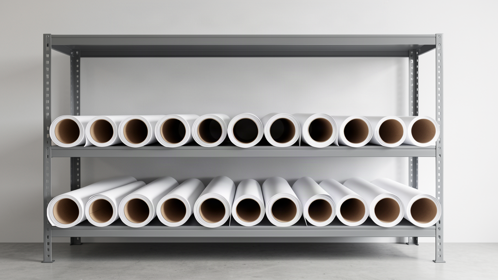 Rolled PVC banners stored flat on a shelf