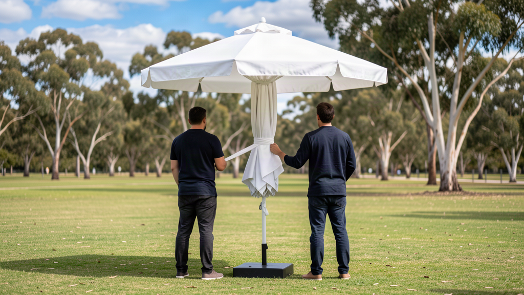 Two people closing an event umbrella on its weighted base before the wind picks up