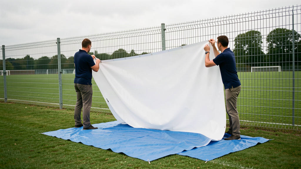 PVC banner being taken down from a fence onto a clean tarp