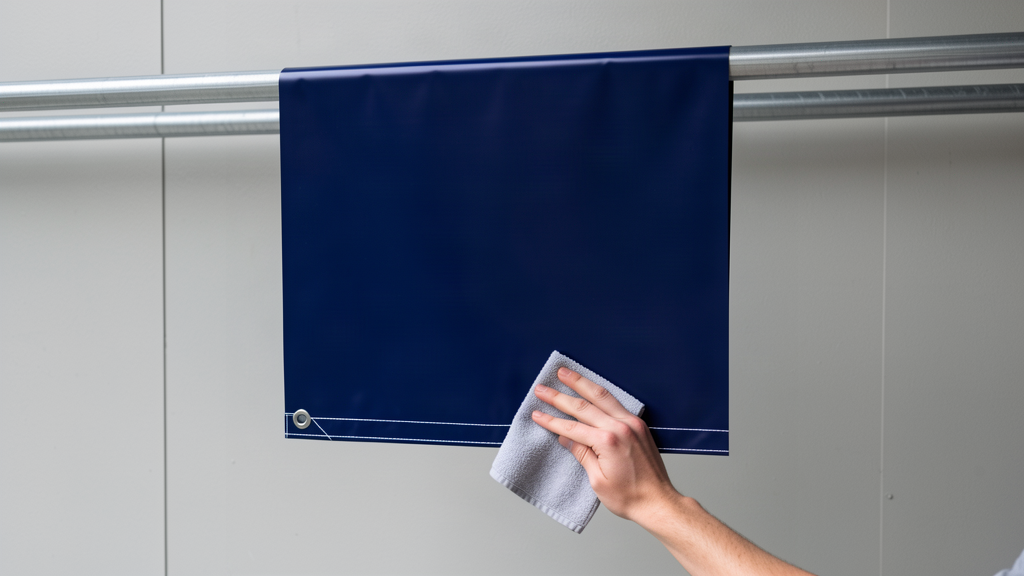 Hand wiping the hem and corner eyelet of a hanging PVC banner dry with a microfibre cloth