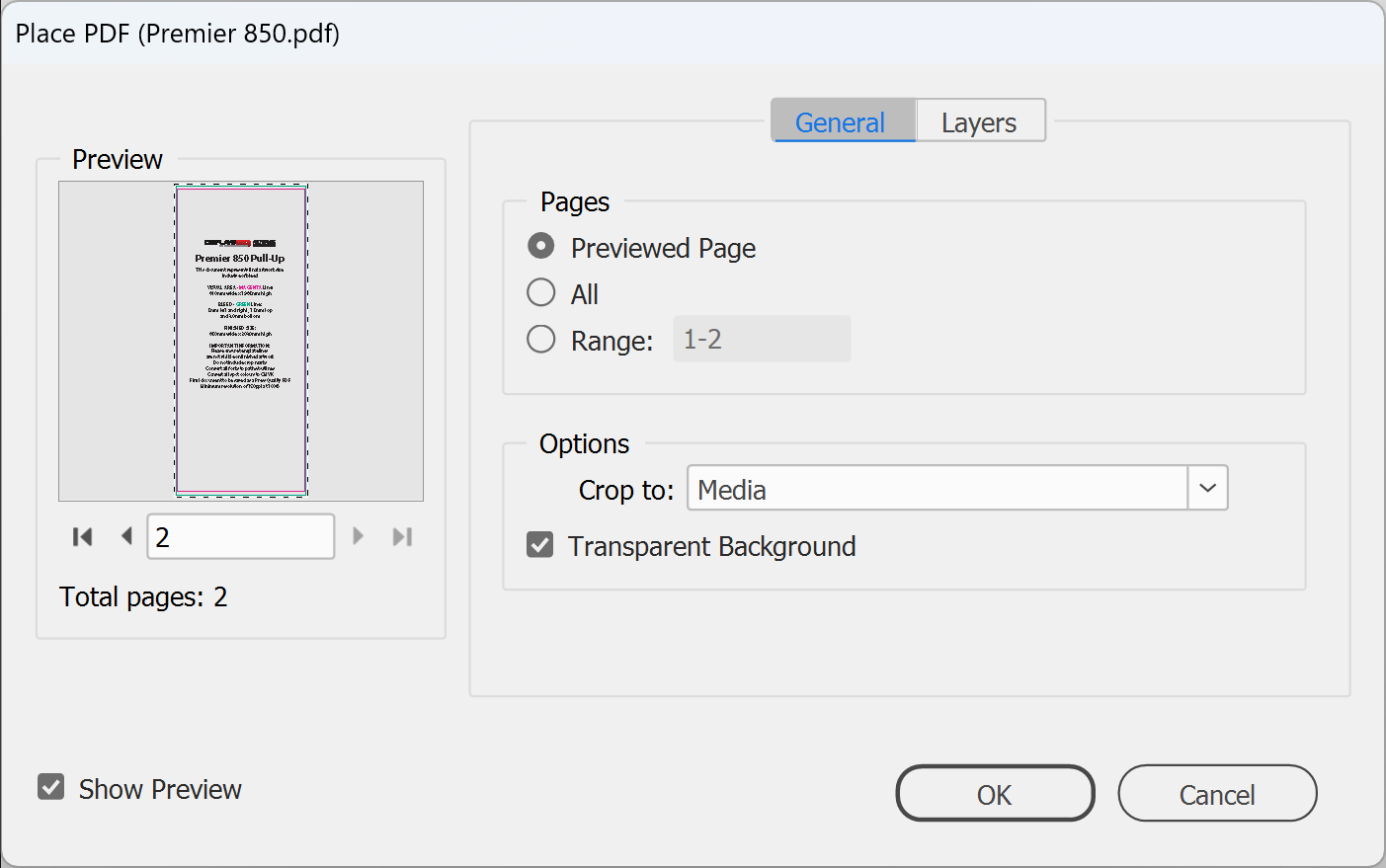 InDesign Place PDF dialog showing page 2 of the Premier 850 artwork guide, Crop to Media