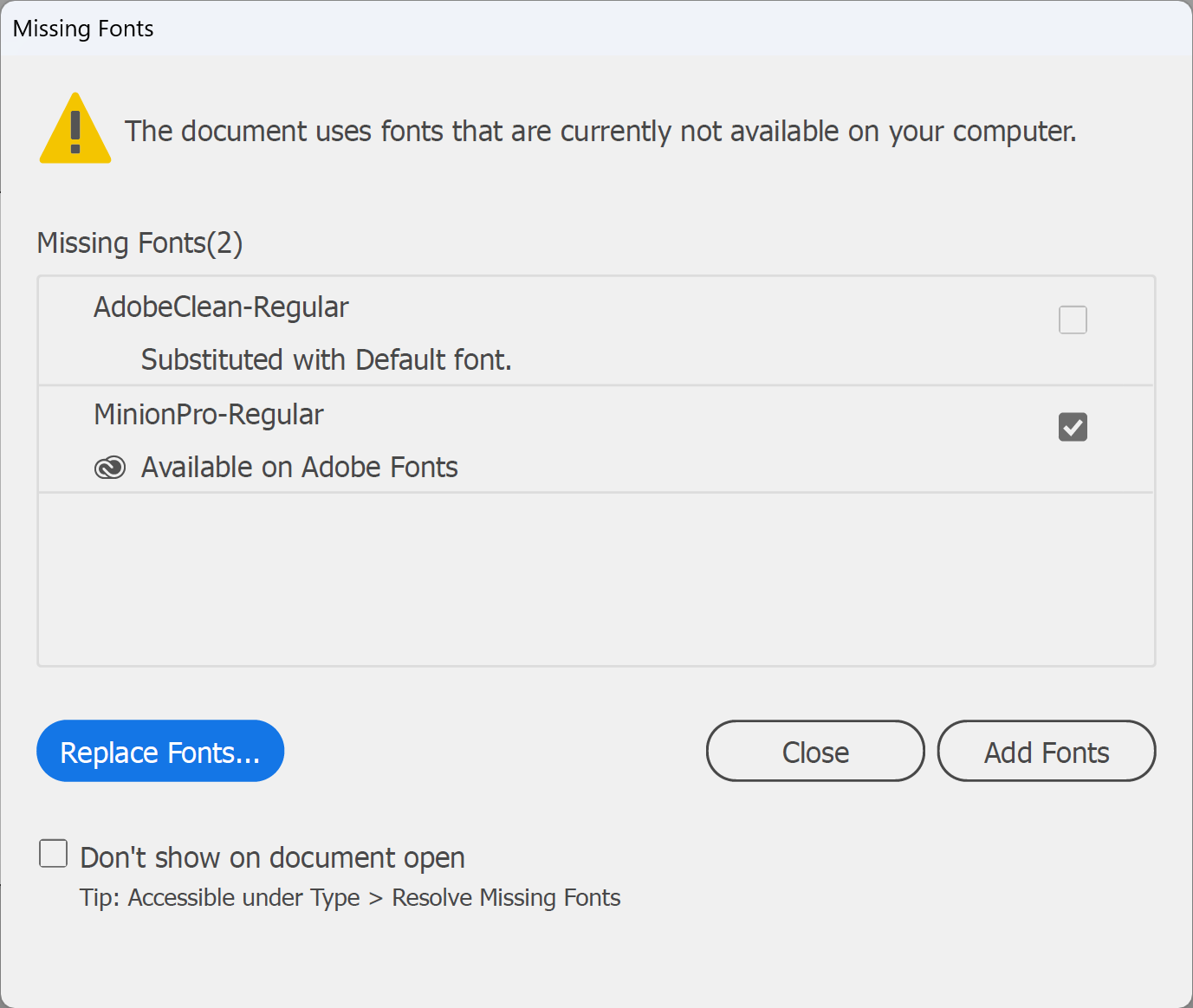 Illustrator Missing Fonts dialog with Add Fonts, Replace Fonts and Close options