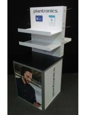 Plantronics stand with two shallow shelves and a logo header above a headset lifestyle base