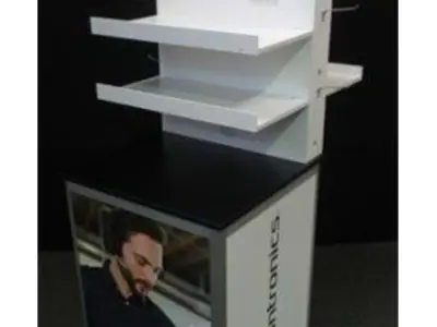 Plantronics stand with two shallow shelves and a logo header above a headset lifestyle base