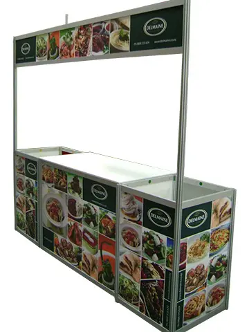 Delmaine portable bar covered in food photos, with a header frame and long central worktop