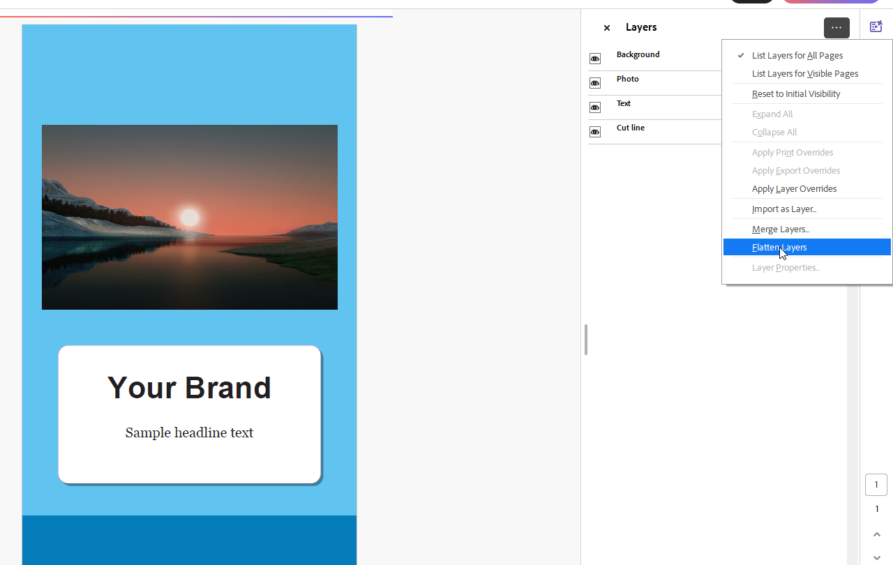Acrobat Pro Layers panel Options menu with Flatten Layers selected