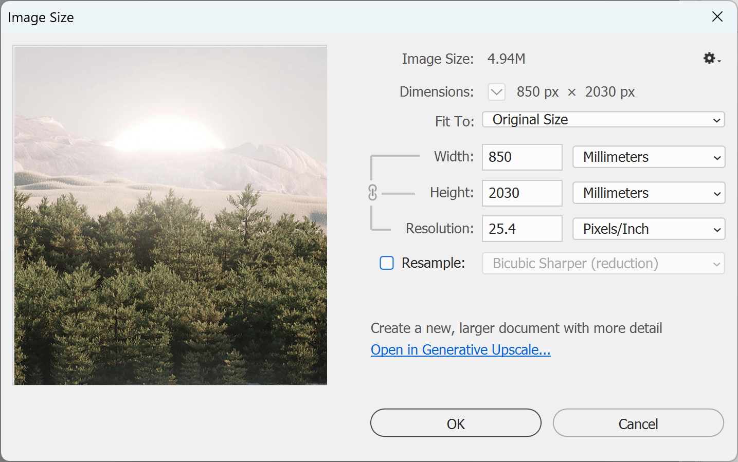 Photoshop Image Size with Resample off, 850 x 2030mm entered and Resolution 25.4ppi, far too low to print