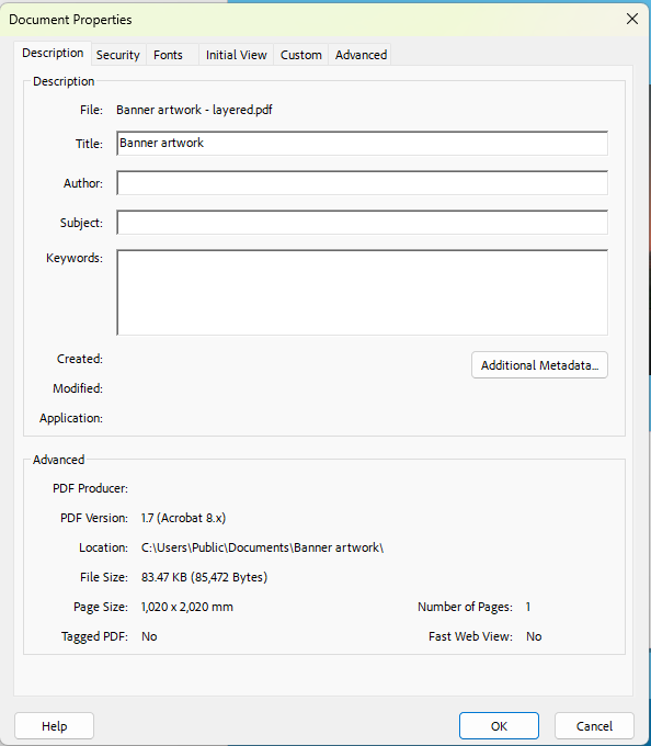 Acrobat Document Properties Description tab showing the page size of a print PDF
