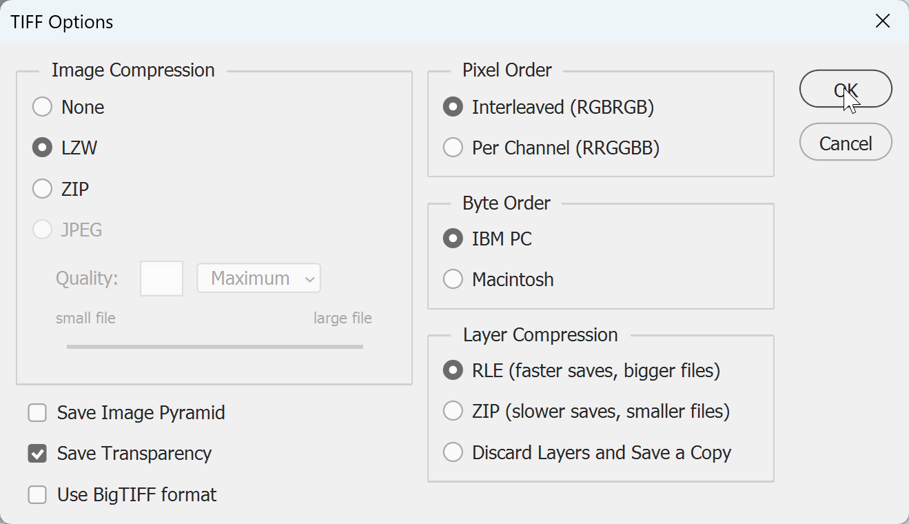Photoshop TIFF Options dialog with Save Transparency ticked