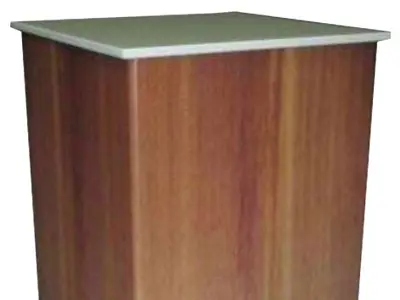 Wood-grain plinth with a pale top that sets items apart from the darker base