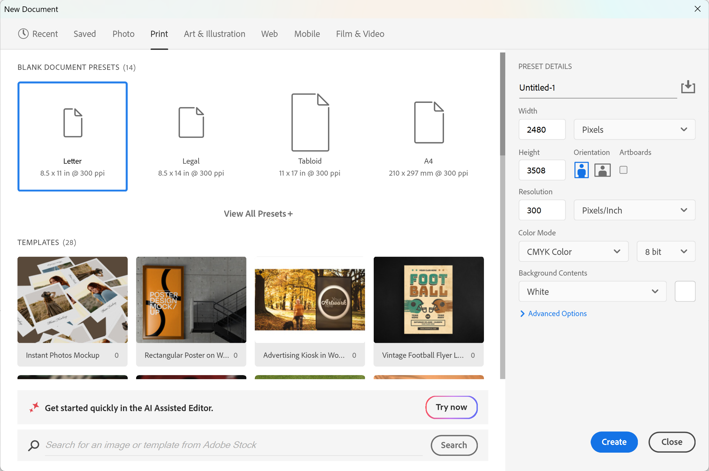 Photoshop New Document set to 2480 x 3508 pixels at 300ppi in CMYK