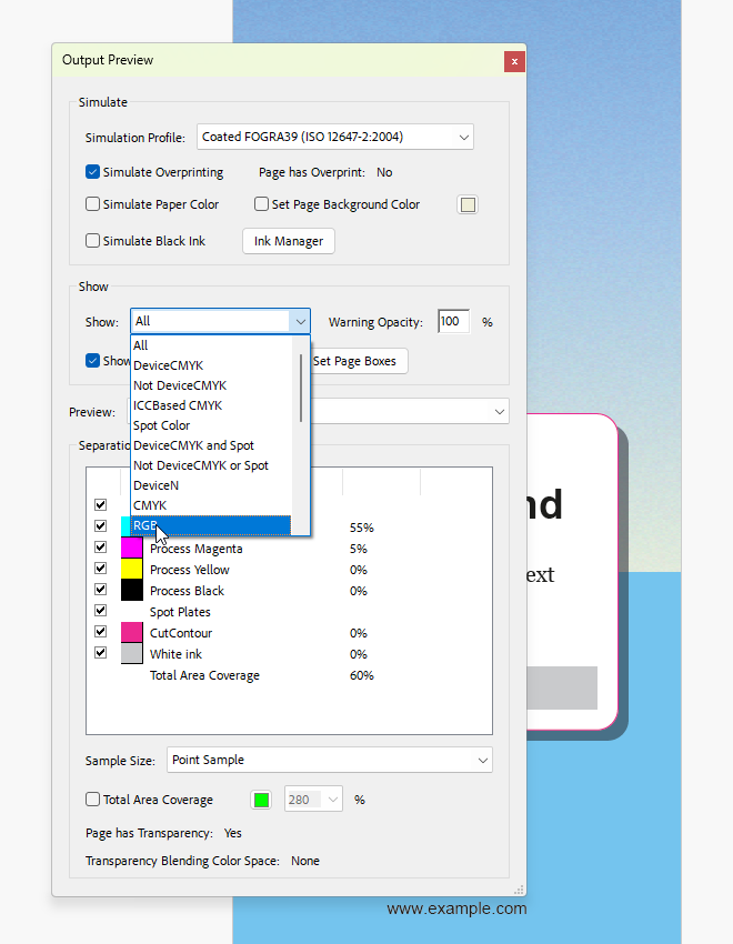 Acrobat Output Preview Show menu used to show only RGB objects
