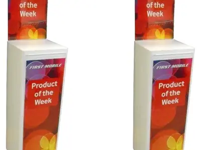 First Mobile 'Product of the Week' floor units with matching header boards