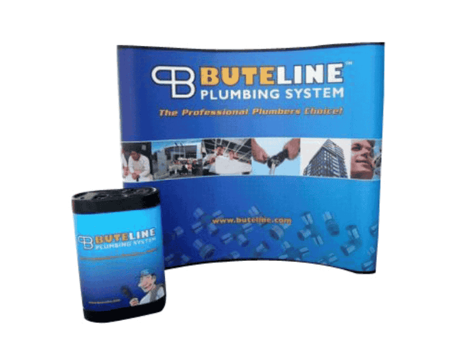 Curved pop-up exhibition stand with a blue printed graphic wall, and its wheeled case wrapped in a matching graphic to make a counter