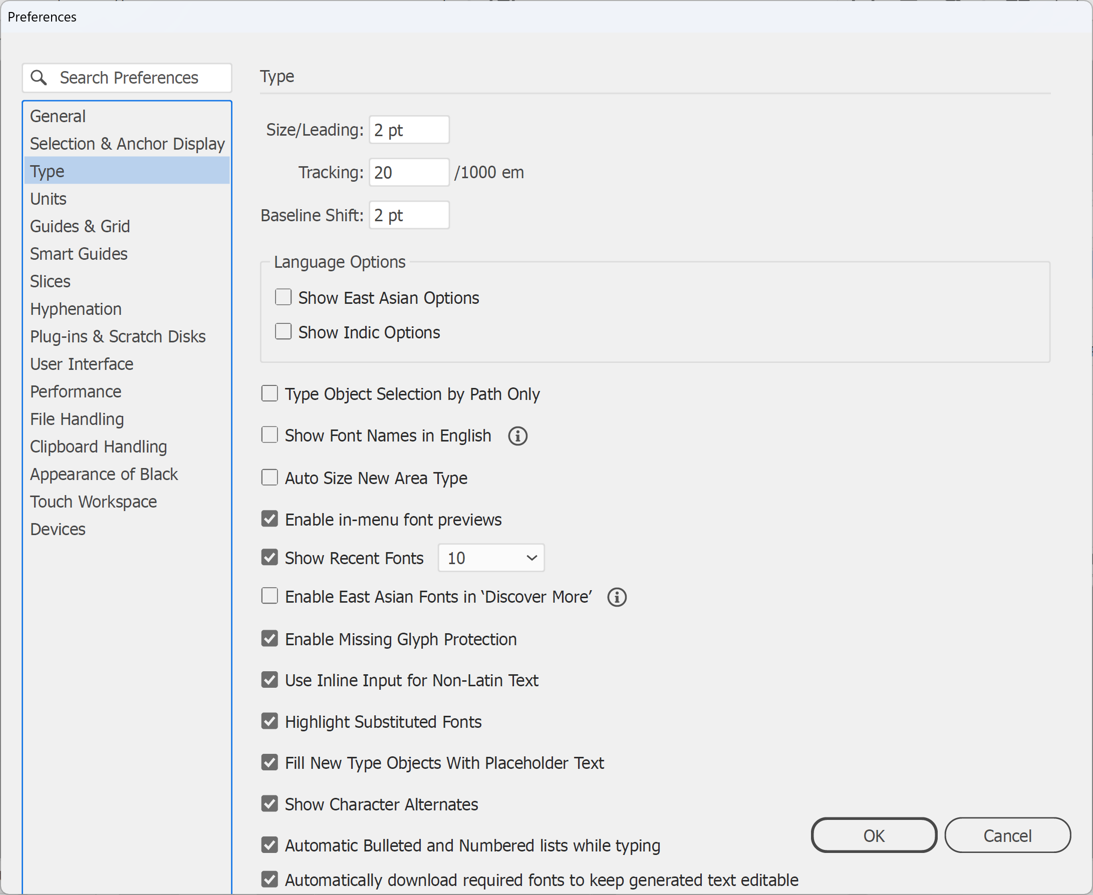 Illustrator Type preferences with Highlight Substituted Fonts ticked