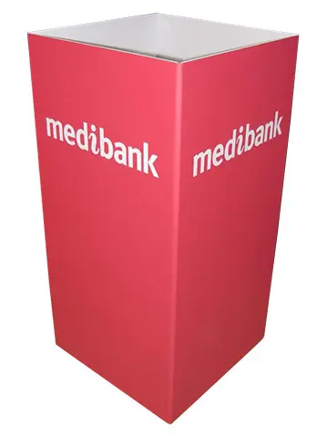 Square red Medibank stand with an open top and the white wordmark on two faces
