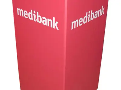 Square red Medibank stand with an open top and the white wordmark on two faces