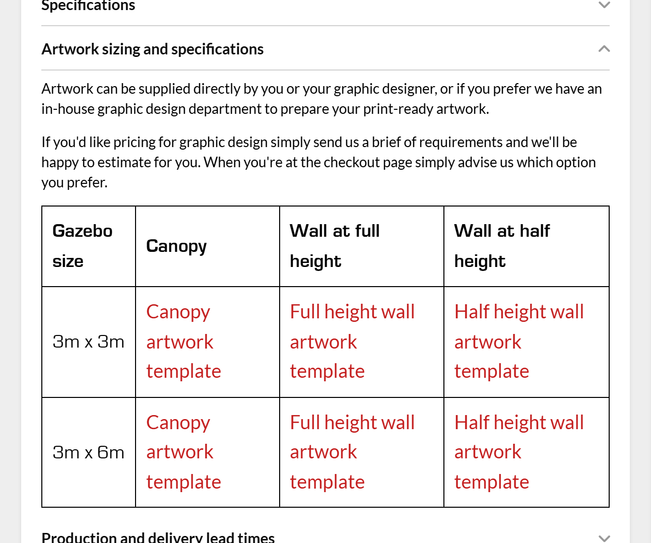 Gazebo 2 Go product page with the table of canopy and wall artwork templates