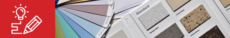 Red banner with a lightbulb and pencil icon beside a photo of paint colour swatches and stone benchtop samples