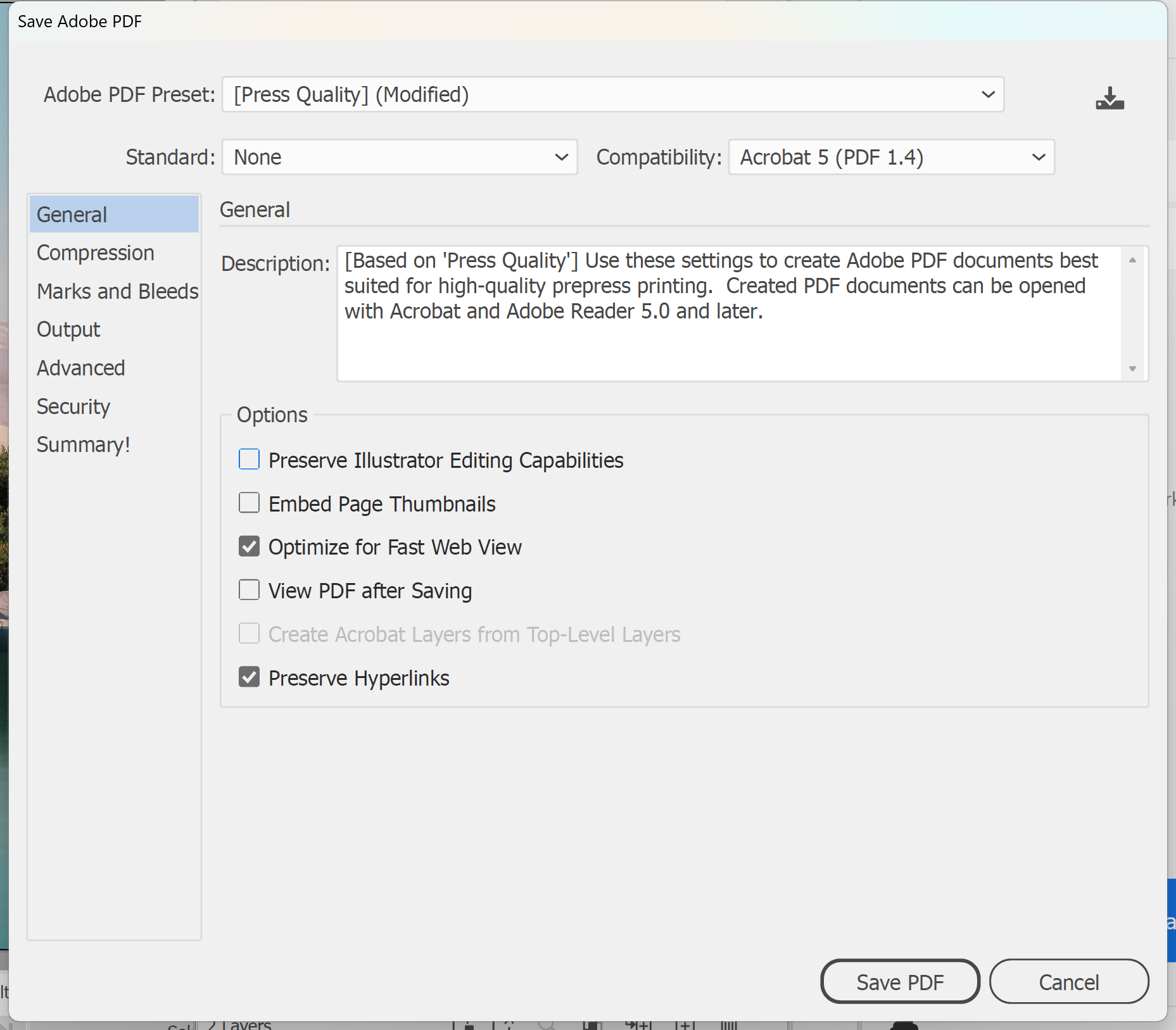 Illustrator Save Adobe PDF dialog showing [Press Quality] (Modified) with Preserve Illustrator Editing Capabilities unticked