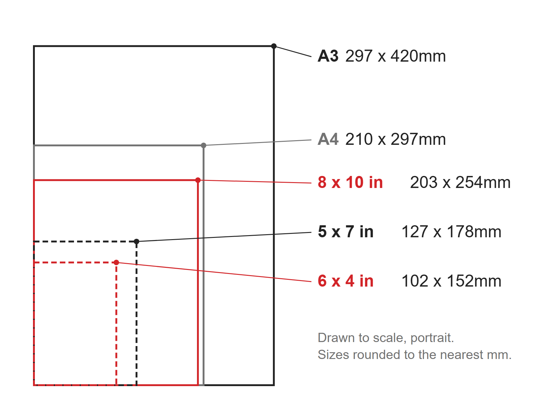 Photo print sizes from 6 x 4 to A3 drawn to scale and labelled in millimetres