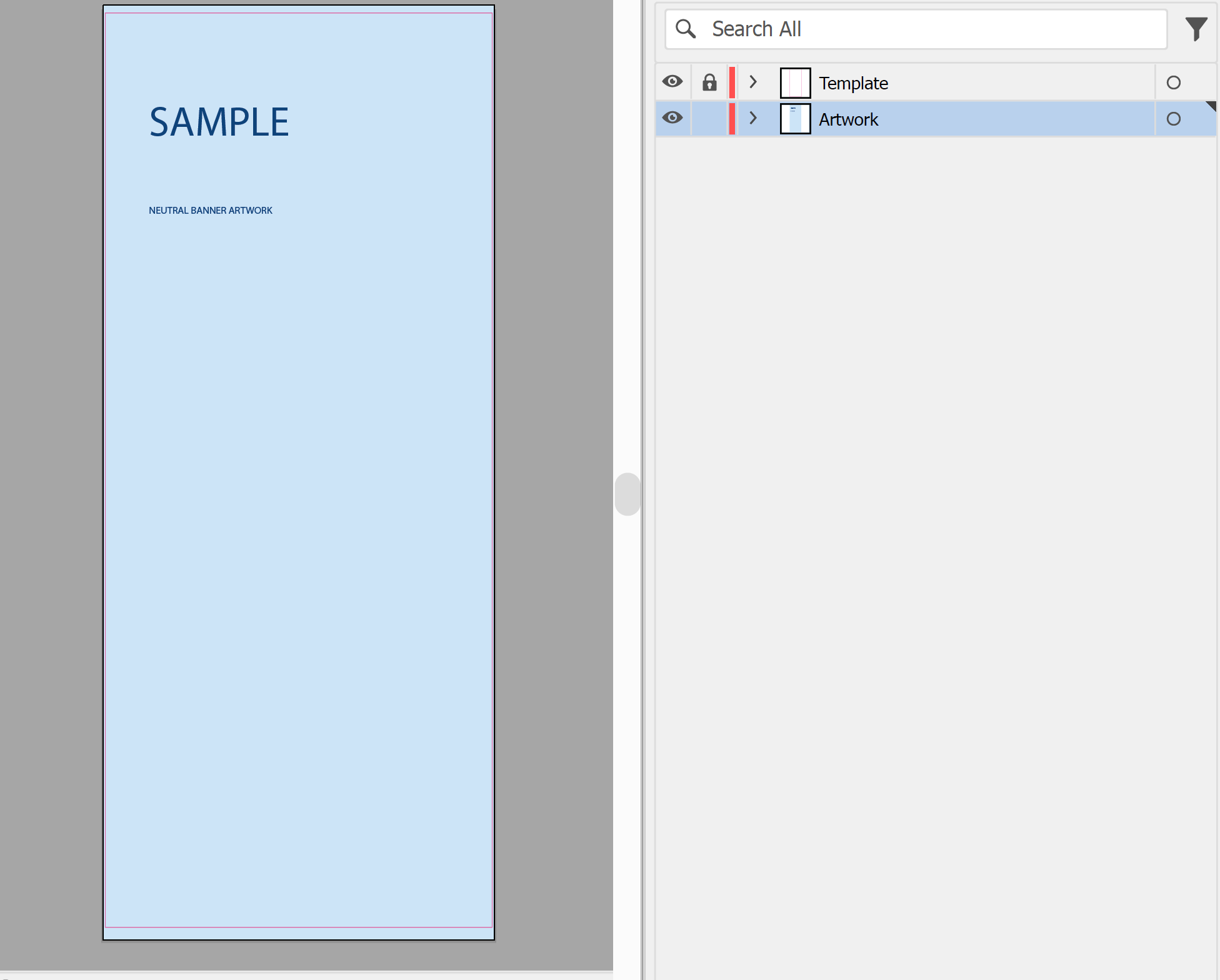 Illustrator banner artboard with sample artwork to the edges and a locked Template layer above the Artwork layer