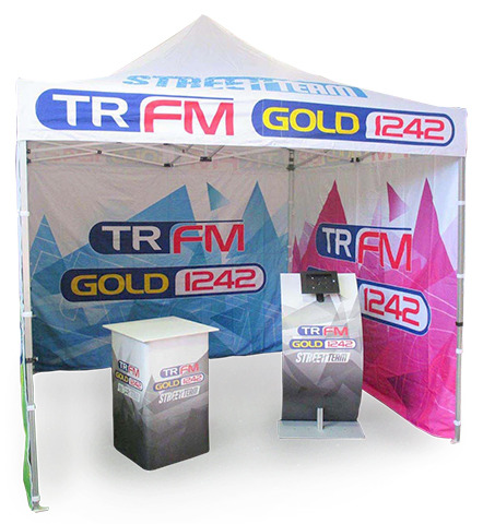 TRFM and Gold 1242 gazebo with a printed staff counter and a curved tablet stand