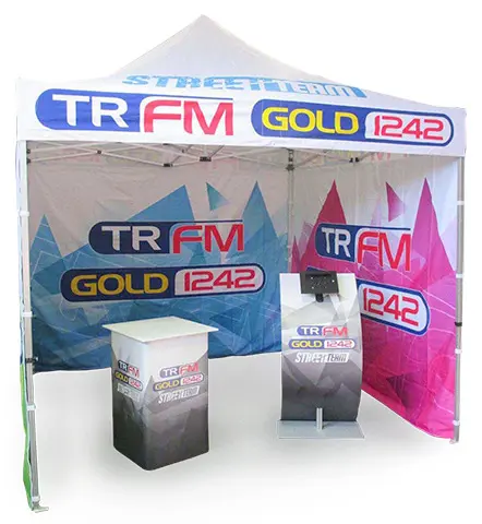 TRFM and Gold 1242 gazebo with a printed staff counter and a curved tablet stand