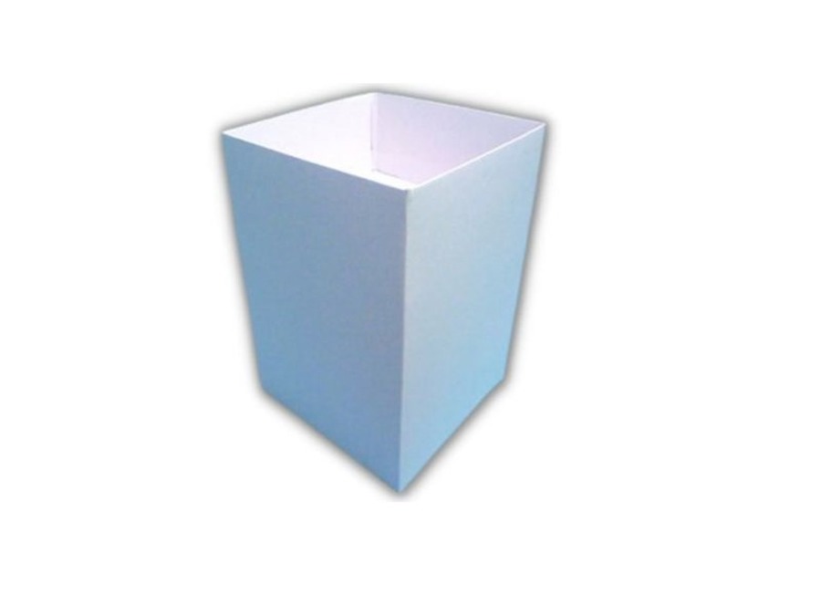 Plain white square cardboard dump bin, open at the top, before any printing