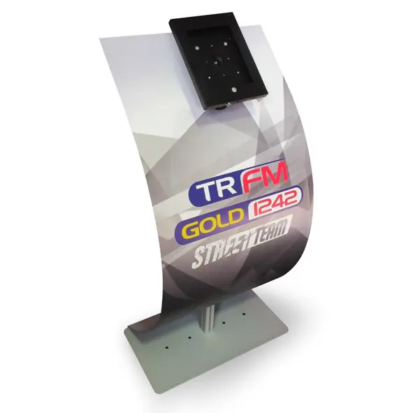 Curved tablet stand printed with TR FM, Gold 1242 and Street Team logos