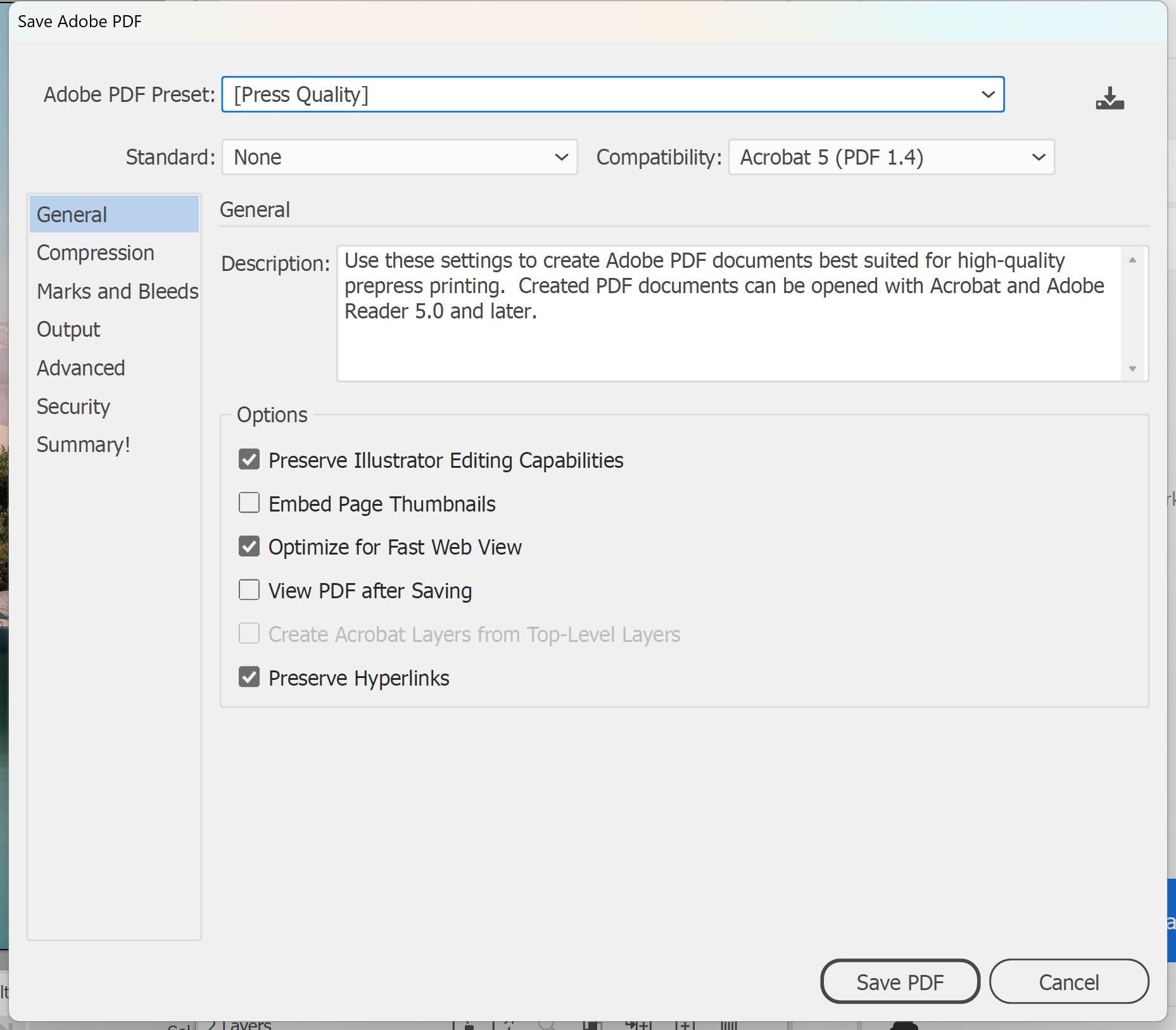 Illustrator Save Adobe PDF dialog with the Press Quality preset selected