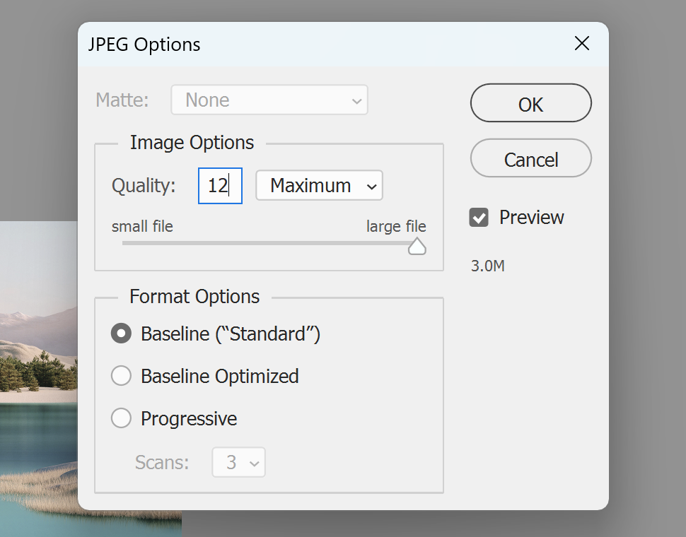 Photoshop JPEG Options dialog with Quality set to 12 and Baseline Standard selected