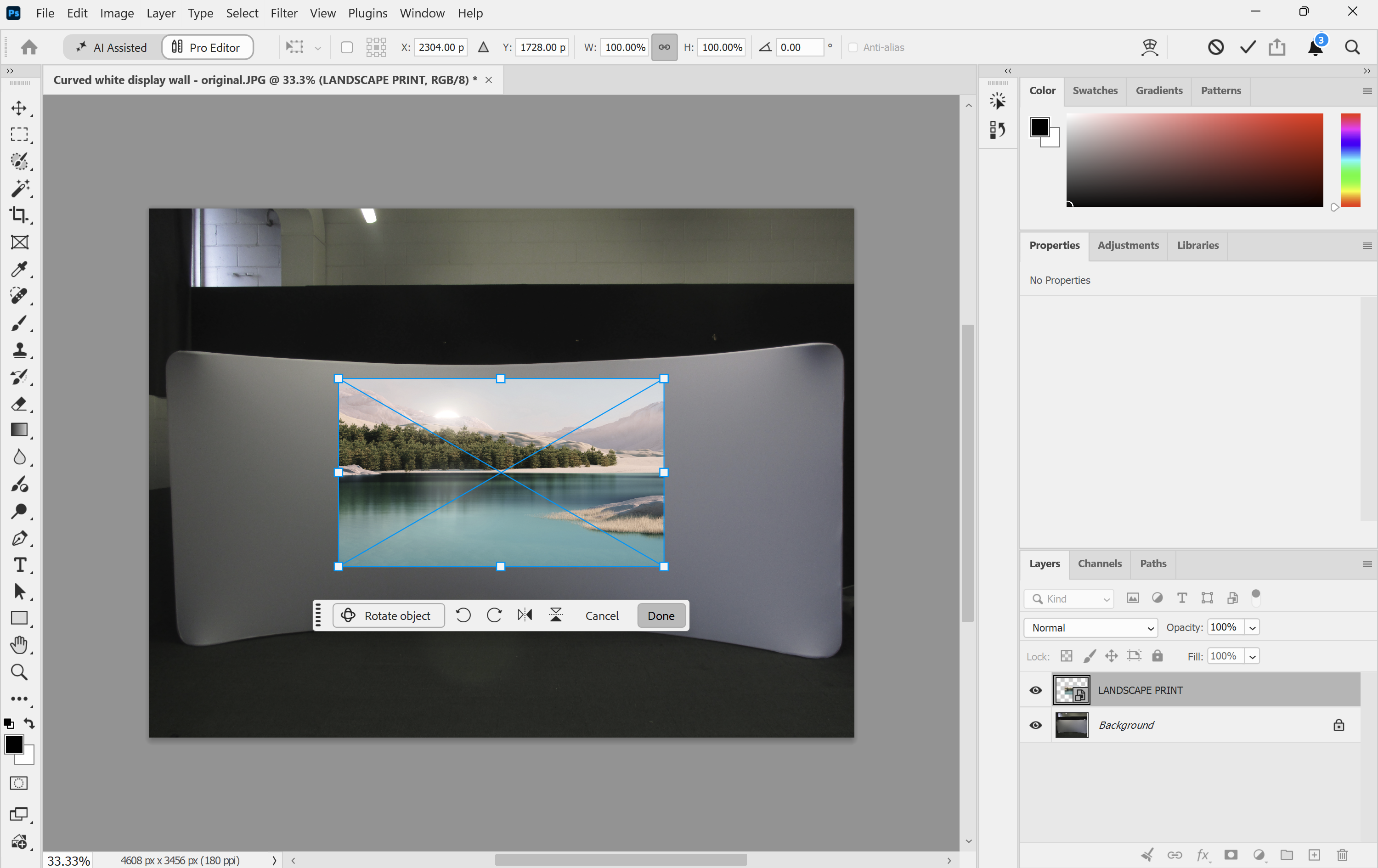 Photoshop with flat artwork just placed as a Smart Object on a photo of a curved display wall, transform box still active