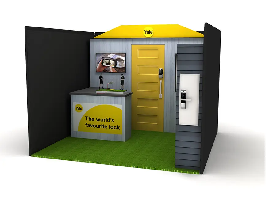Concept design of a Yale house entrance with a digital lock on a yellow door