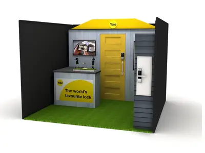Concept design of a Yale house entrance with a digital lock on a yellow door