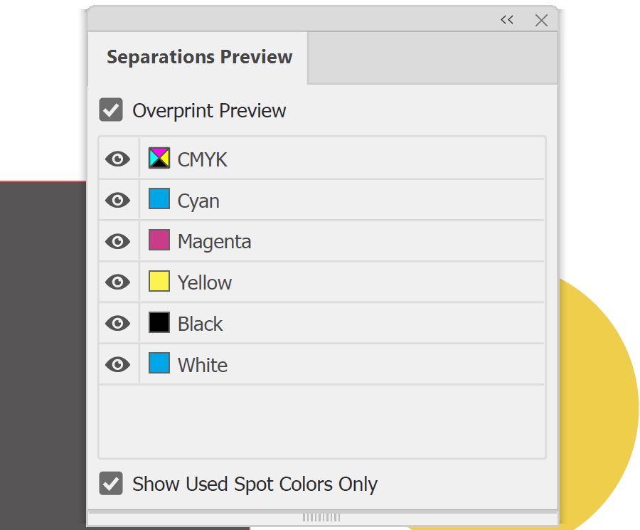 Illustrator Separations Preview panel showing CMYK and a White spot plate