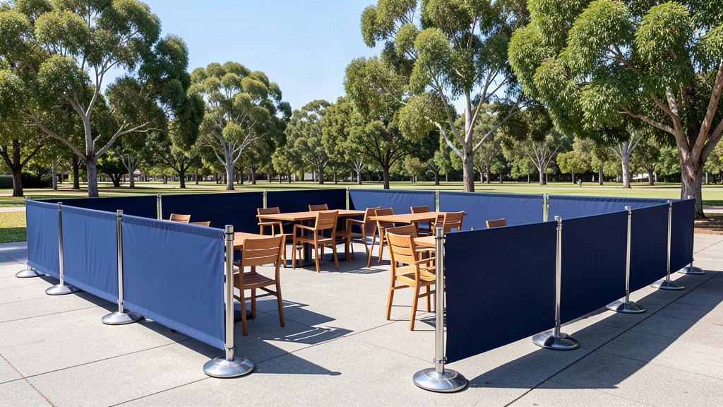 Row of café barriers set up around an outdoor dining area with an access gap