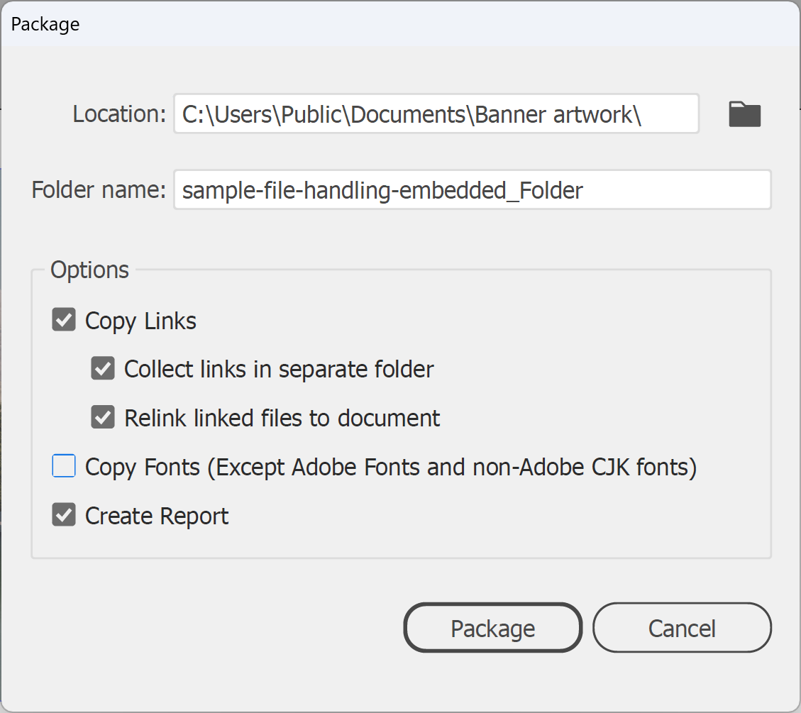 Illustrator Package dialog with Copy Links and Collect links in separate folder checked