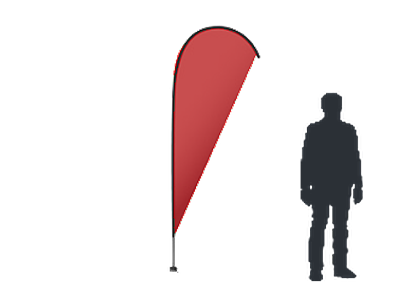 Scale drawing of a 2.5 m teardrop flag beside a person silhouette