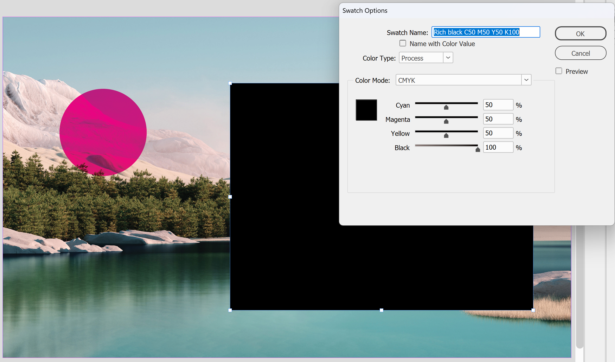 InDesign Swatch Options for a rich black C 50, M 50, Y 50, K 100 swatch applied to a large panel over a photo