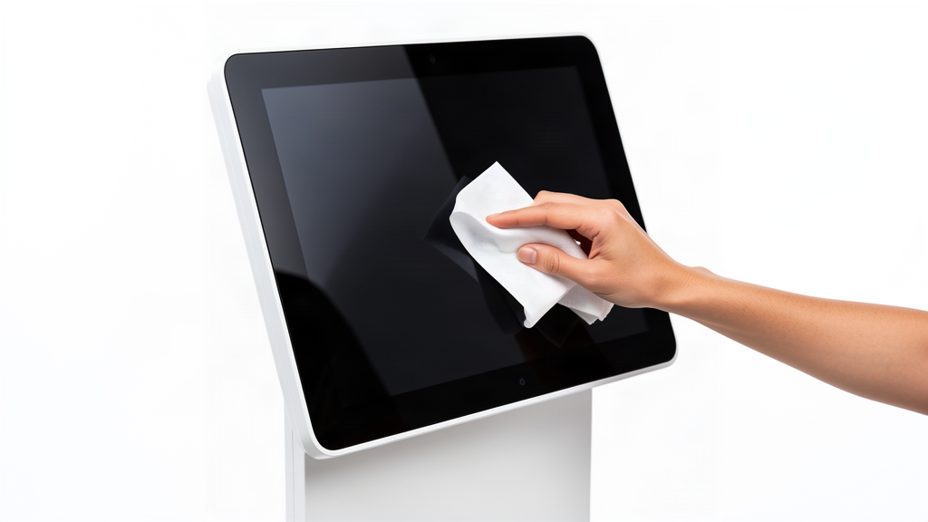 Disinfecting a touch screen kiosk with an alcohol wipe