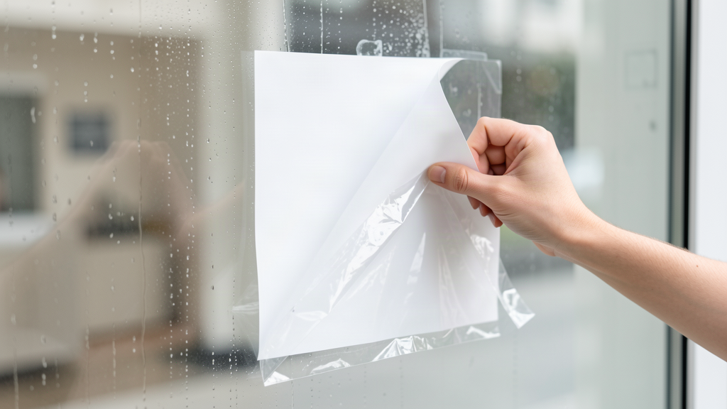 Removable window decal being peeled from glass after soaking at a low angle
