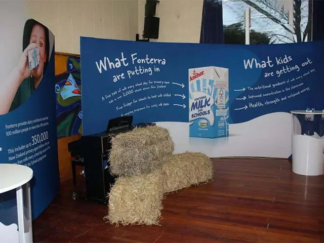 Fonterra Milk for Schools wall with a giant Anchor milk carton, fronted by hay bales