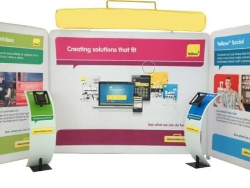 Walls in three sections and combined with header graphic and iPad stands