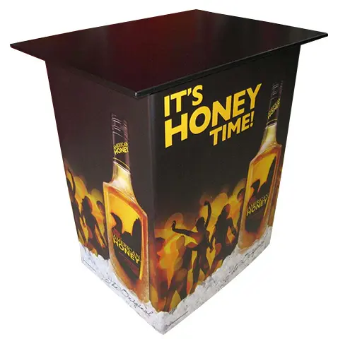 American Honey sales table with an 'It's Honey Time!' bottle wrap and dark top