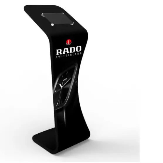 Concept design of a Rado Switzerland tablet stand with a watch image down the front