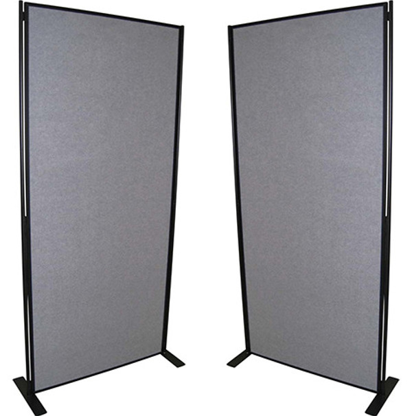 Two freestanding grey fabric partition panels on black frames with flat support feet