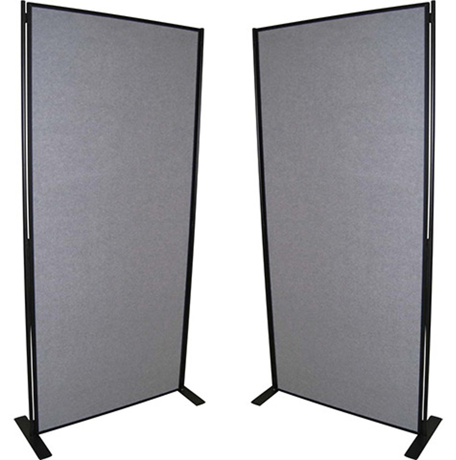 Two freestanding grey fabric partition panels on black frames with flat support feet