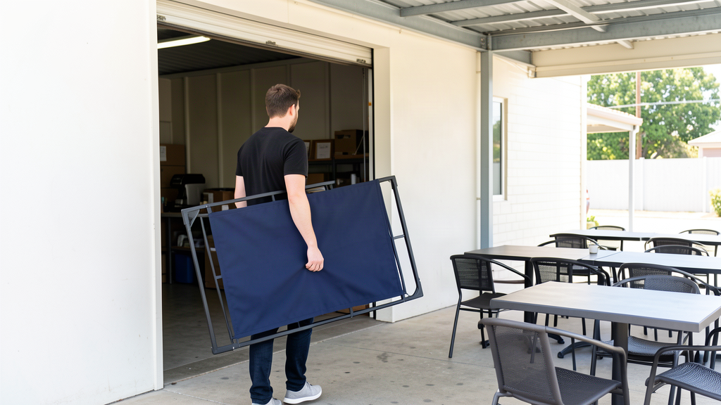 Staff member carrying a café barrier into a sheltered indoor space